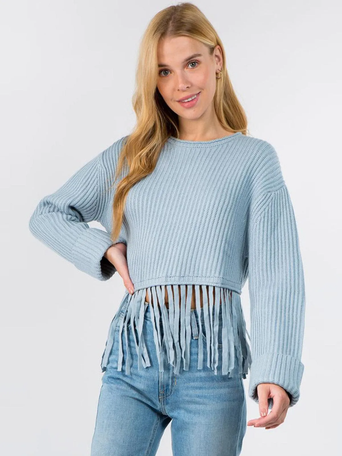 WOMEN'S LONG SLEEVE RIBBED KNIT FRINGE DETAILED SWEATER
