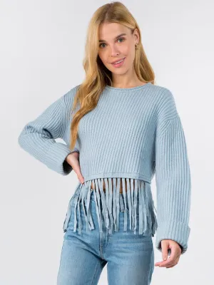 WOMEN'S LONG SLEEVE RIBBED KNIT FRINGE DETAILED SWEATER