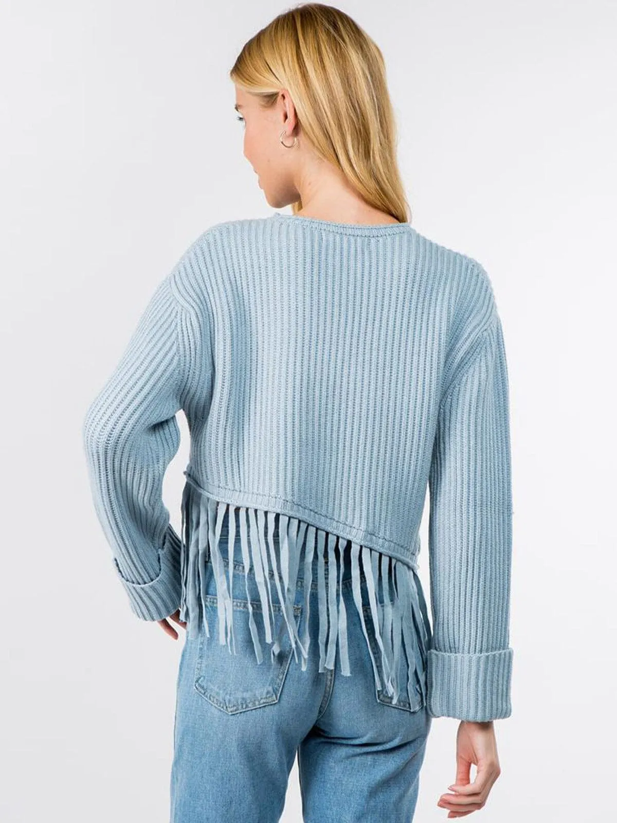 WOMEN'S LONG SLEEVE RIBBED KNIT FRINGE DETAILED SWEATER