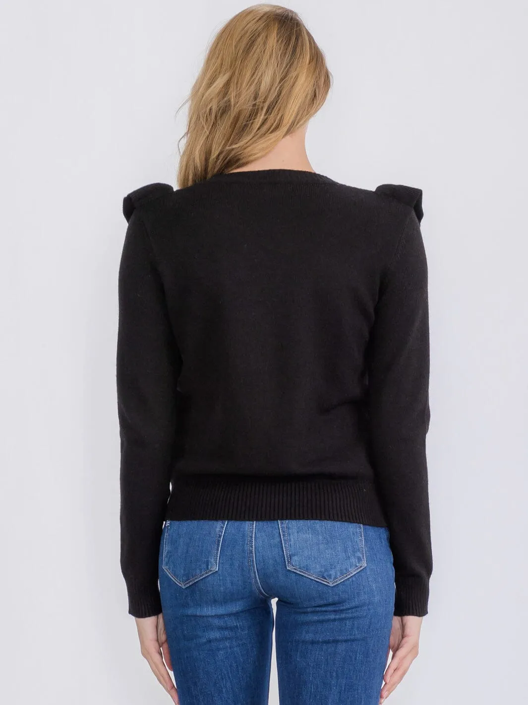 WOMEN'S LONG SLEEVE RUFFLE TRIM DETAILED PULLOVER SWEATER