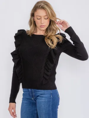 WOMEN'S LONG SLEEVE RUFFLE TRIM DETAILED PULLOVER SWEATER