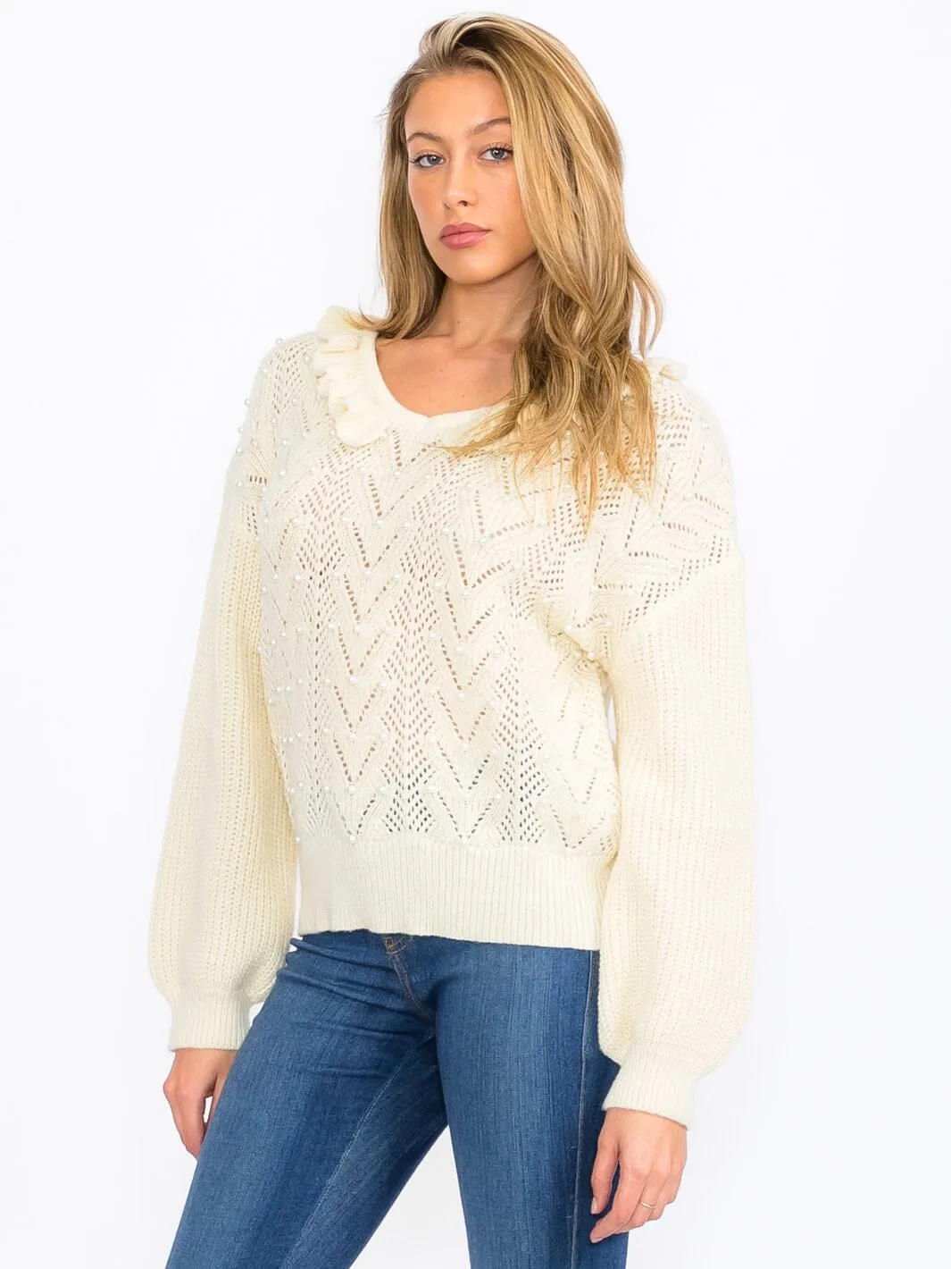 WOMEN'S LONG SLEEVES RUFFLE PEARL KNIT PULLOVER SWEATER