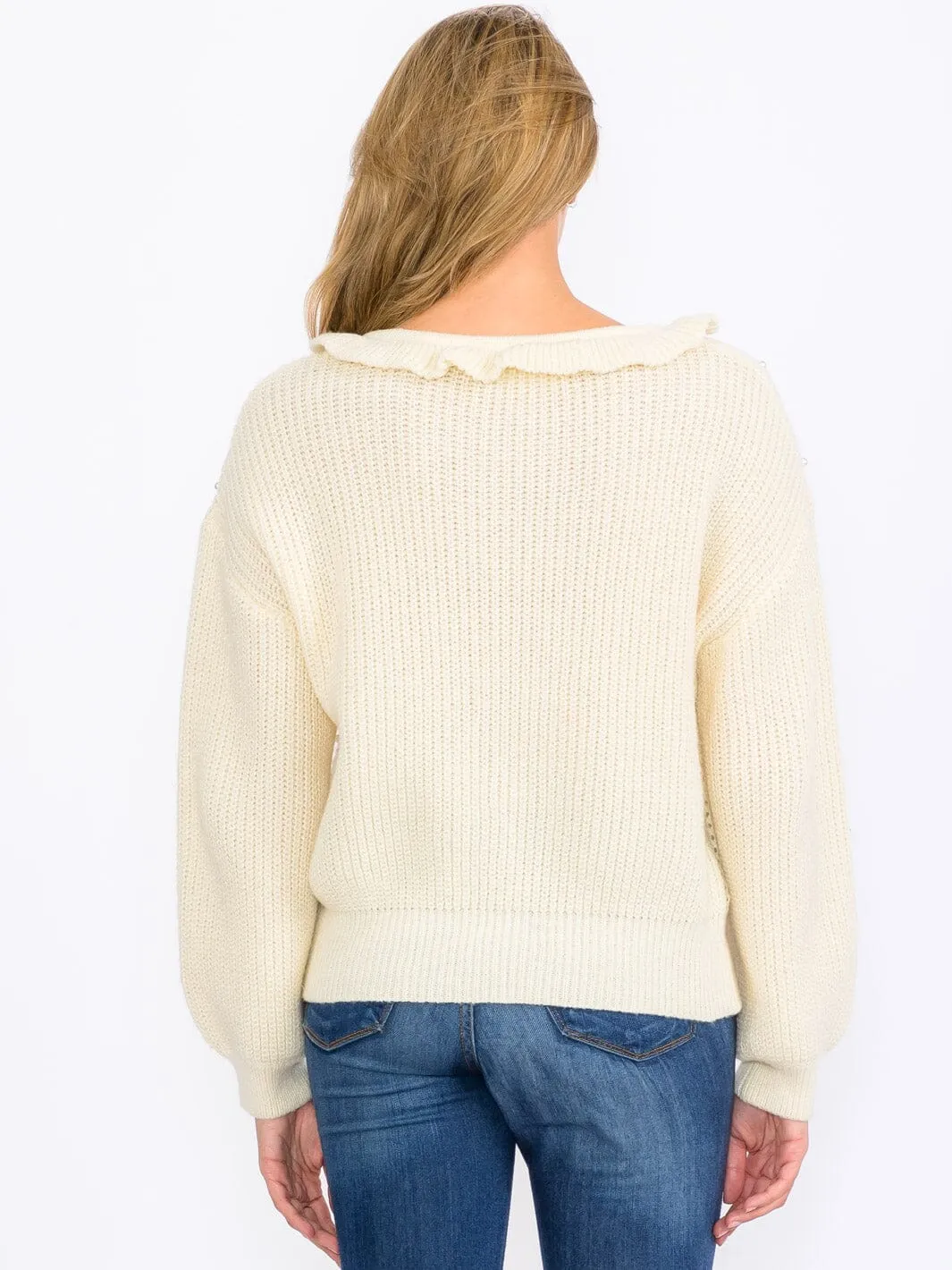WOMEN'S LONG SLEEVES RUFFLE PEARL KNIT PULLOVER SWEATER