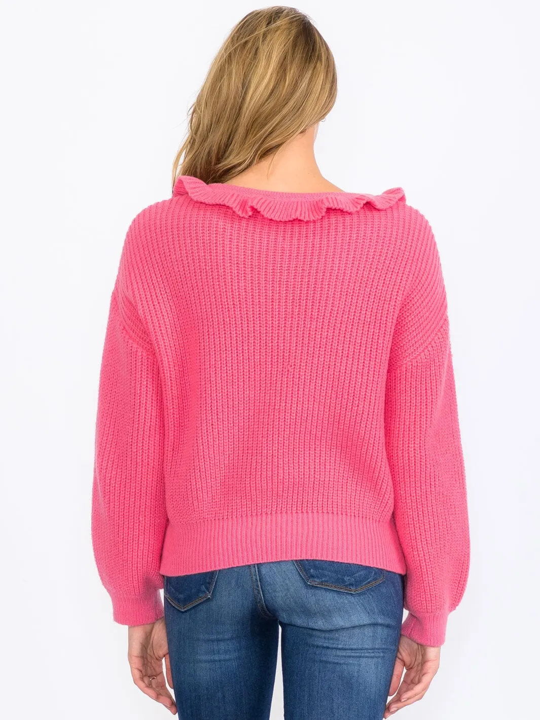 WOMEN'S LONG SLEEVES RUFFLE PEARL KNIT PULLOVER SWEATER