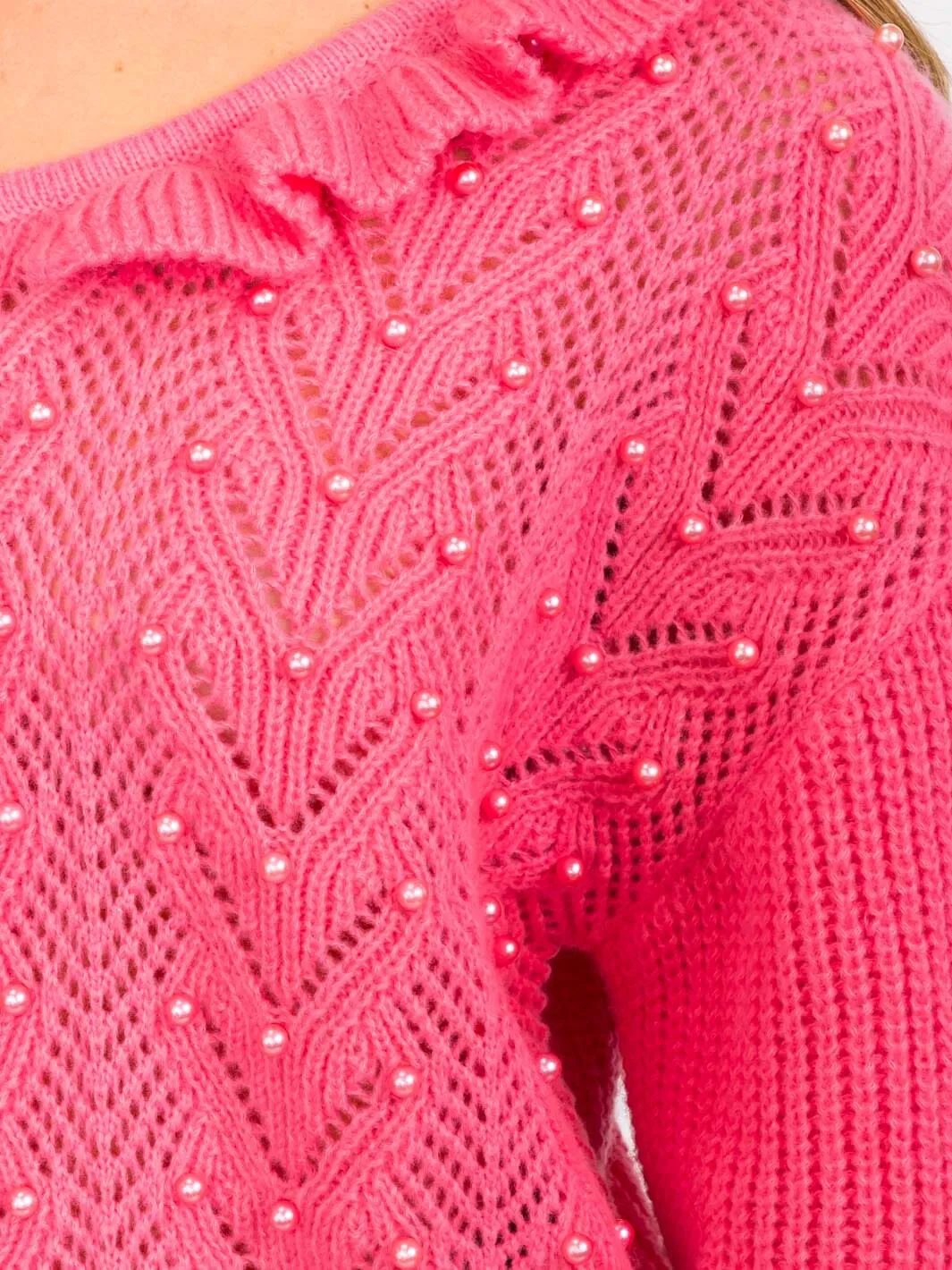 WOMEN'S LONG SLEEVES RUFFLE PEARL KNIT PULLOVER SWEATER