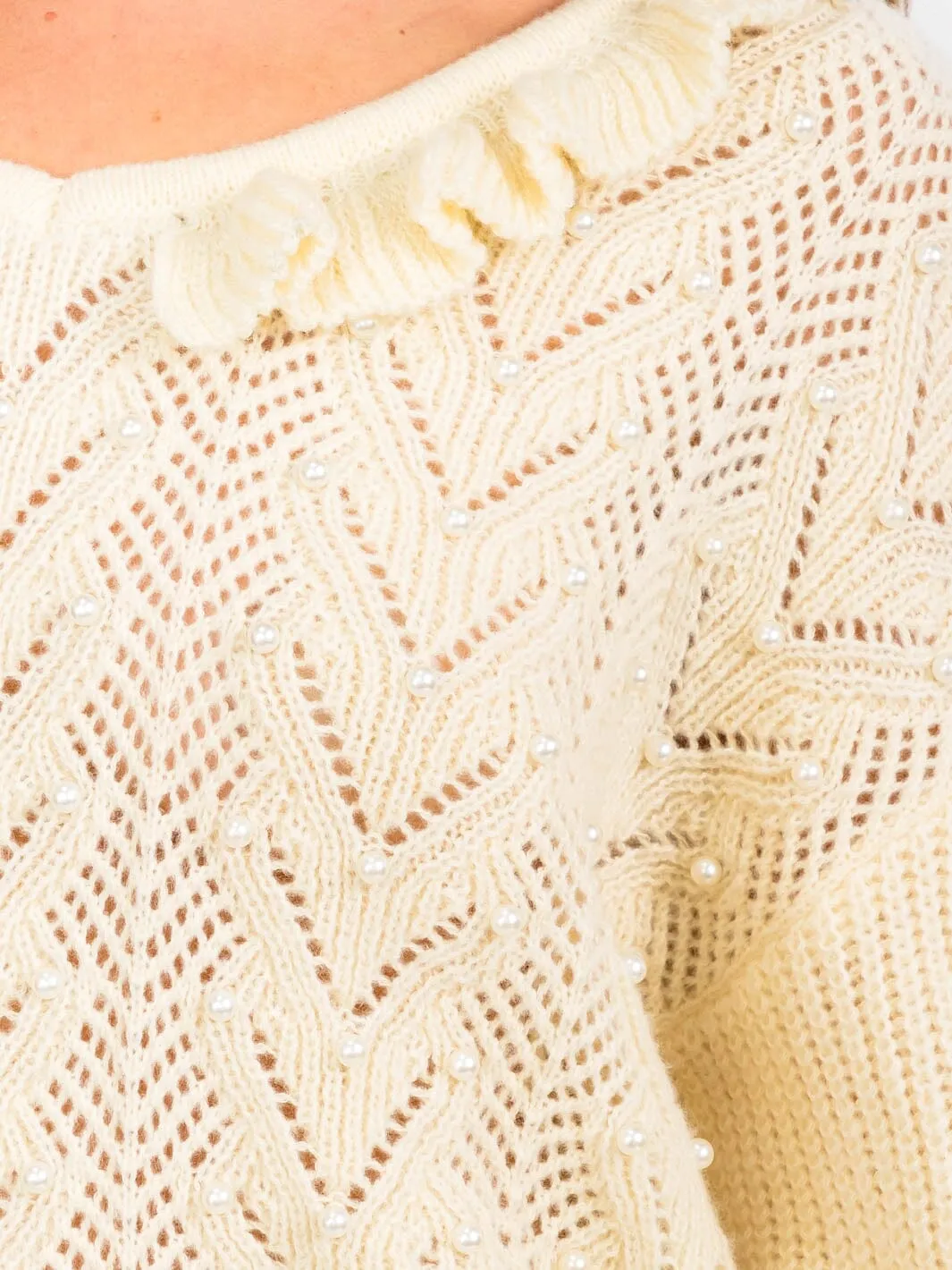 WOMEN'S LONG SLEEVES RUFFLE PEARL KNIT PULLOVER SWEATER