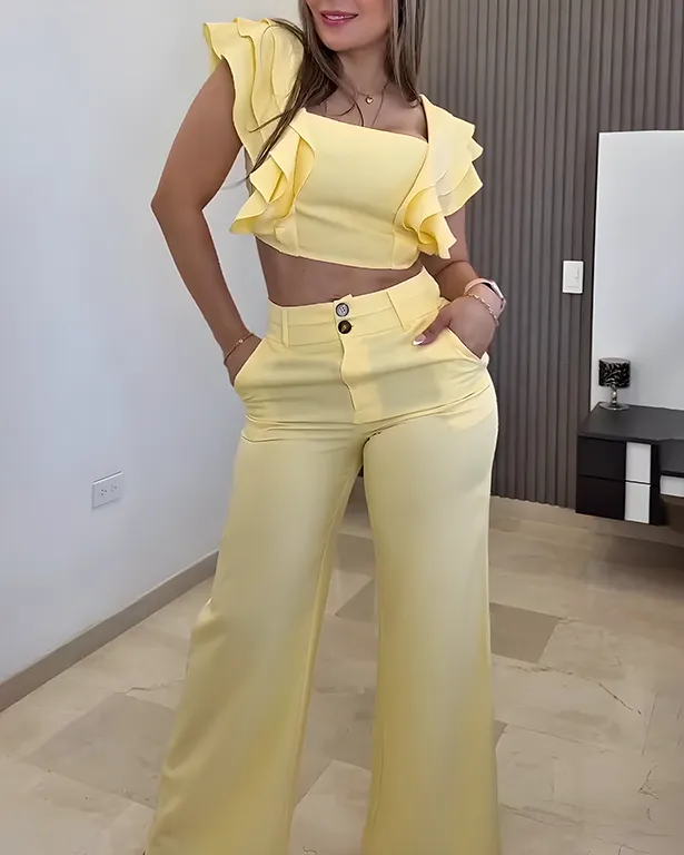 Women's Ruffled Sleeveless Wide Leg Pants 2-Piece Set
