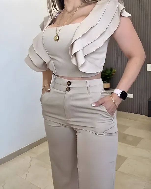 Women's Ruffled Sleeveless Wide Leg Pants 2-Piece Set